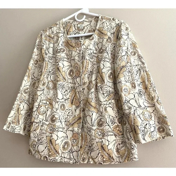 J. Jill Beige Floral + Paisley Print Linen Blend Collarless Blazer Jacket Medium - Picture 6 of 12